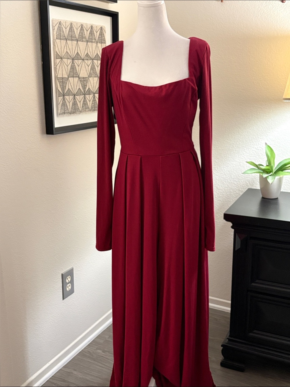 Square-Neck Long-Sleeve Burgundy Jumpsuit